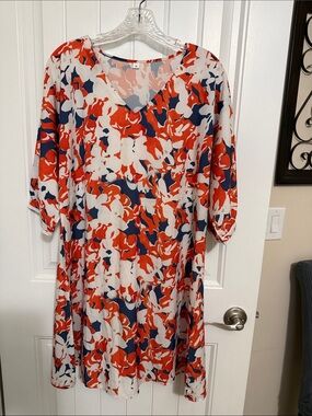 V-Neck Red & Navy Floral Midi Dress